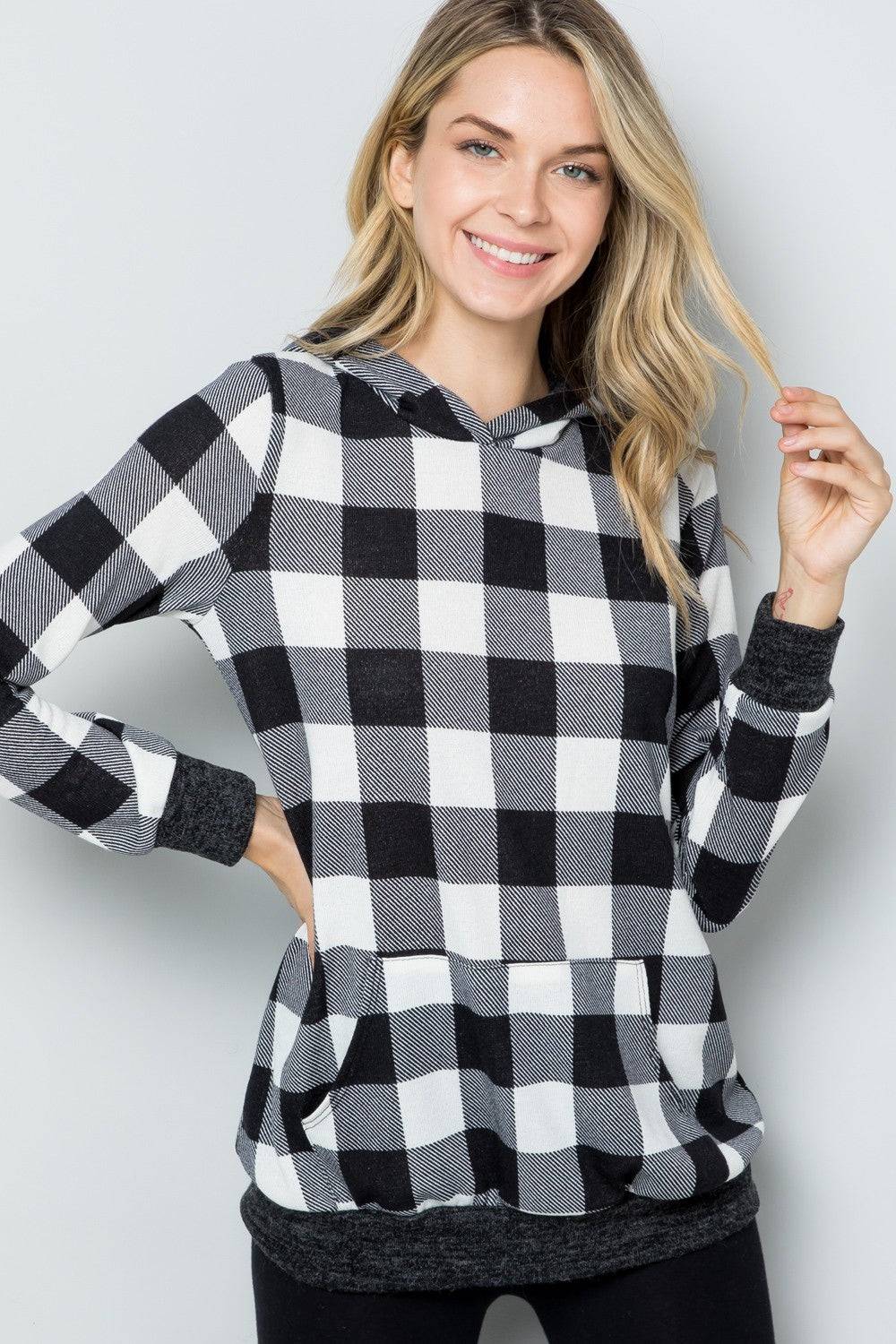 Celeste Full Size Contrast Plaid Long Sleeve Hoodie - EkaVibe