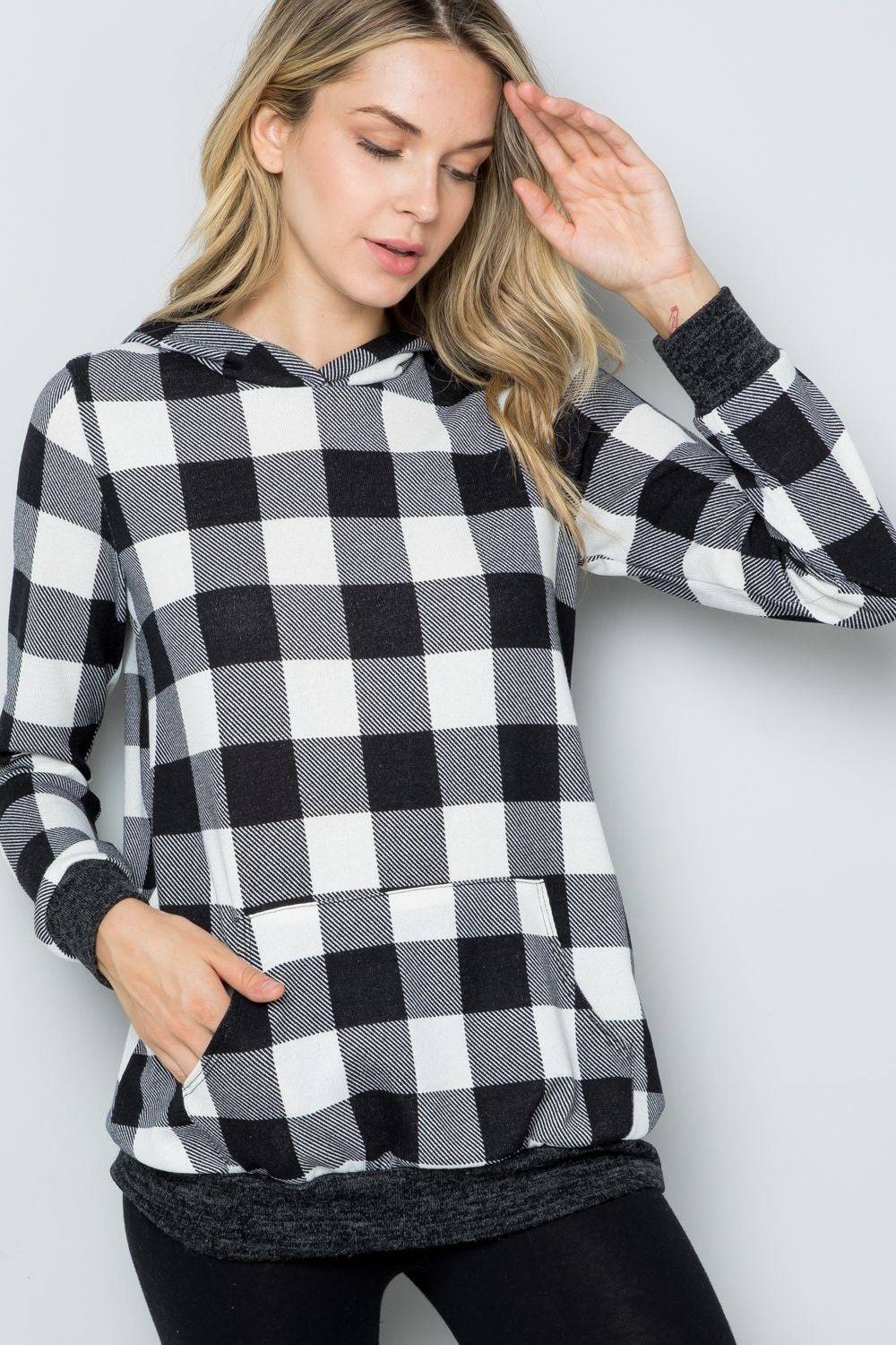 Celeste Full Size Contrast Plaid Long Sleeve Hoodie - EkaVibe