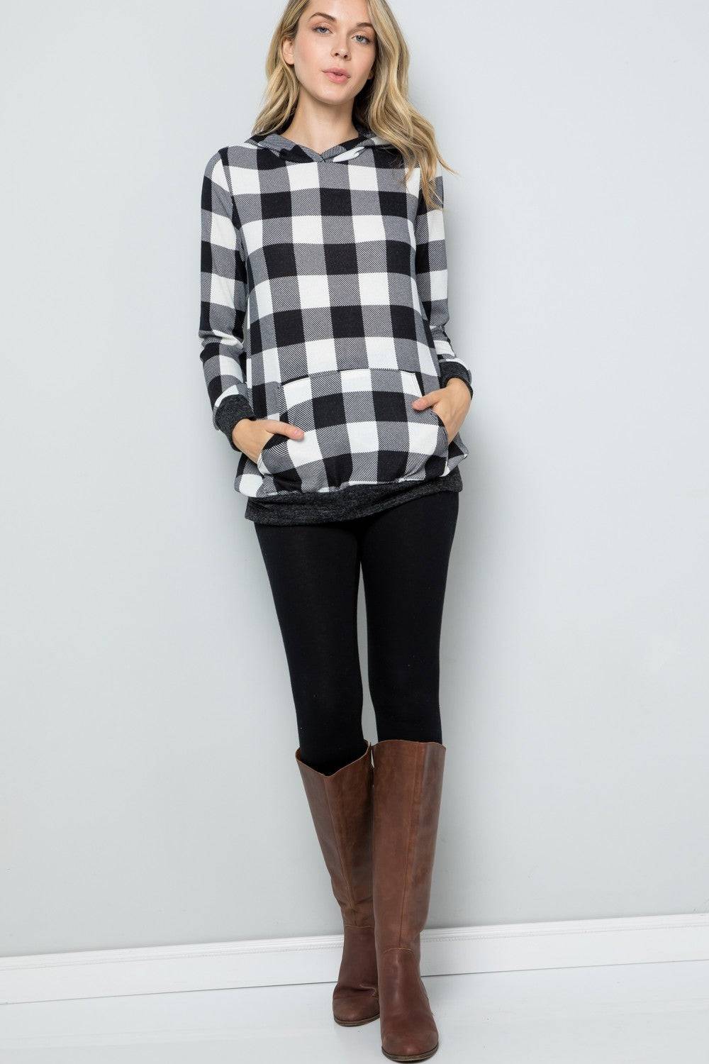 Celeste Full Size Contrast Plaid Long Sleeve Hoodie - EkaVibe