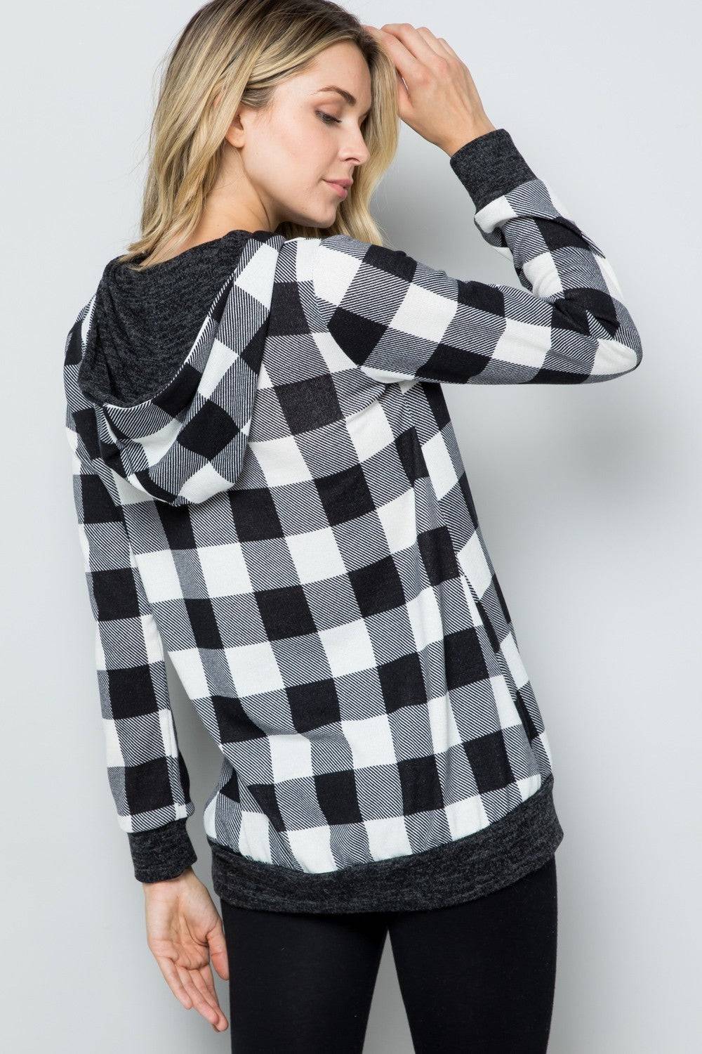 Celeste Full Size Contrast Plaid Long Sleeve Hoodie - EkaVibe